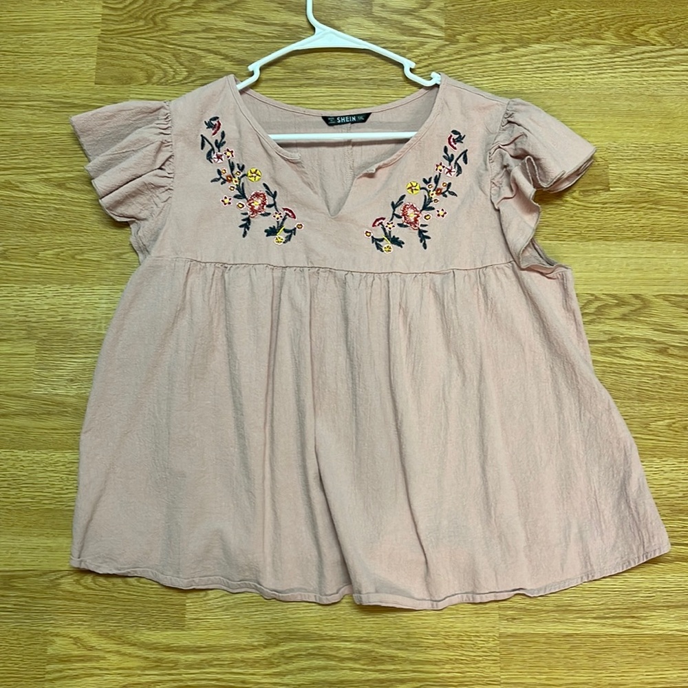 SHEIN Embroidery Detail Ruffle Sleeve Blouse